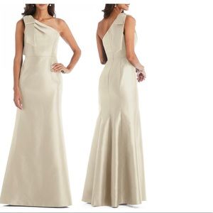 Alfred Sung Bow One-Shoulder Satin Trumpet Gown